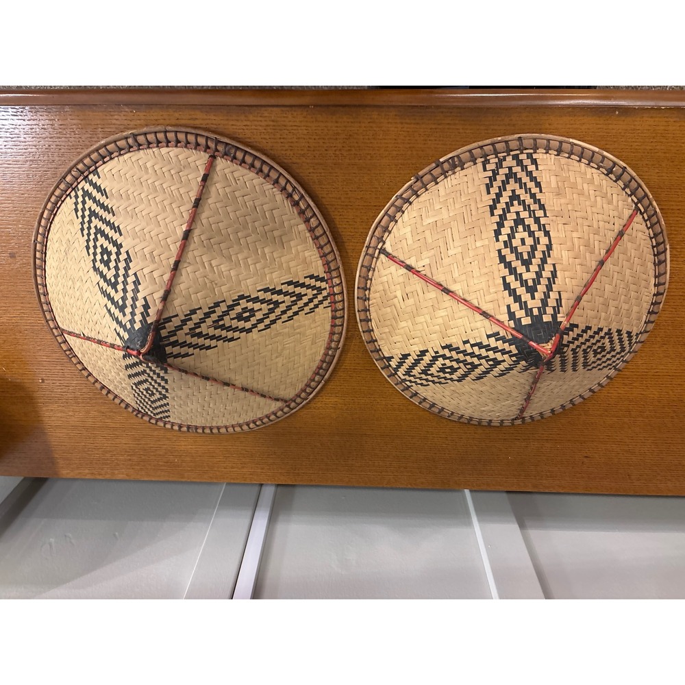 Vintage Woven Bamboo Conical Hats Set of 2 OS Asian Rice Farmer Sun Wall Decor